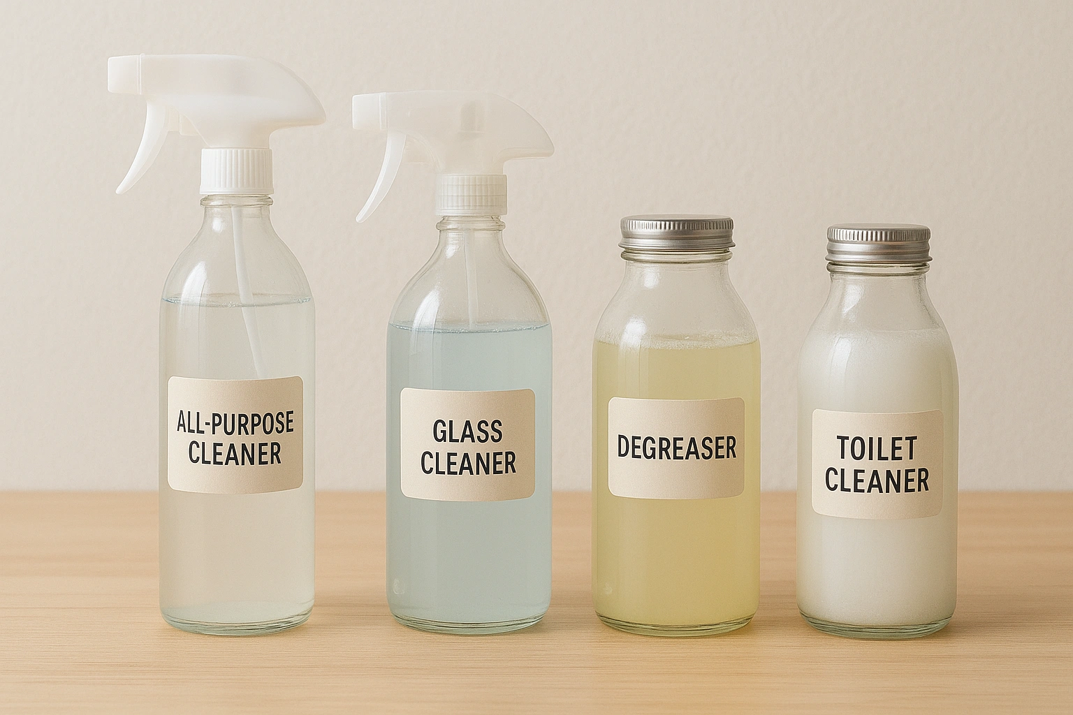 Simple DIY cleaning solutions in glass bottles, an effective eco waste management tip.