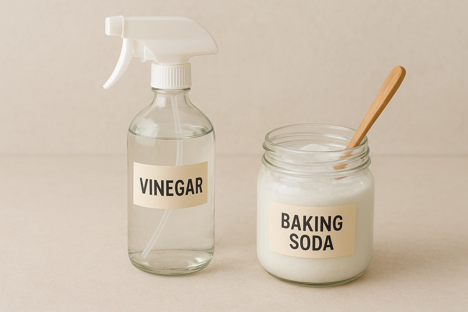 Simple DIY eco-friendly cleaning products like a vinegar spray bottle and baking soda paste.