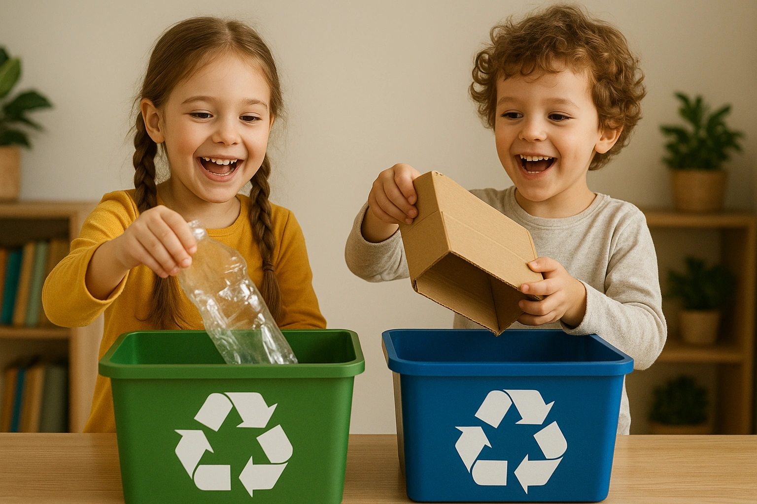 Two young children enthusiastically sorting plastics and paper into recycling bins, a key part of eco friendly family living.