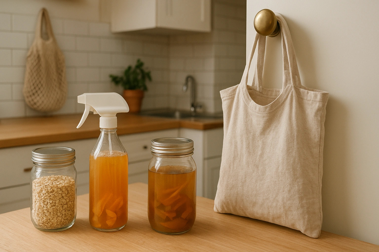 Urban home scene showcasing DIY waste reduction hacks: repurposed jars, homemade cleaners, t-shirt tote bags, and veggie scrap broth. Cozy, creative, and sustainable living with an organized kitchen and eco-friendly solutions.