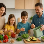 Family in a modern kitchen preparing meals with fresh vegetables, grains, and legumes, using reusable containers and a compost bin to practice sustainable food reduce waste. Bright, realistic scene highlighting eco-friendly meal preparation and conscious food choices.