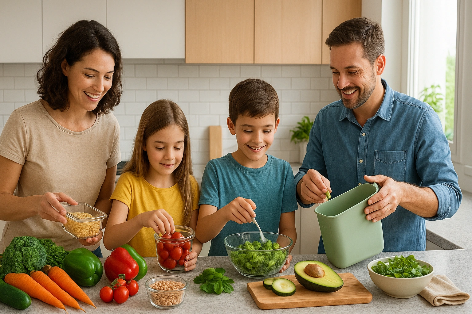 Family in a modern kitchen preparing meals with fresh vegetables, grains, and legumes, using reusable containers and a compost bin to practice sustainable food reduce waste. Bright, realistic scene highlighting eco-friendly meal preparation and conscious food choices.