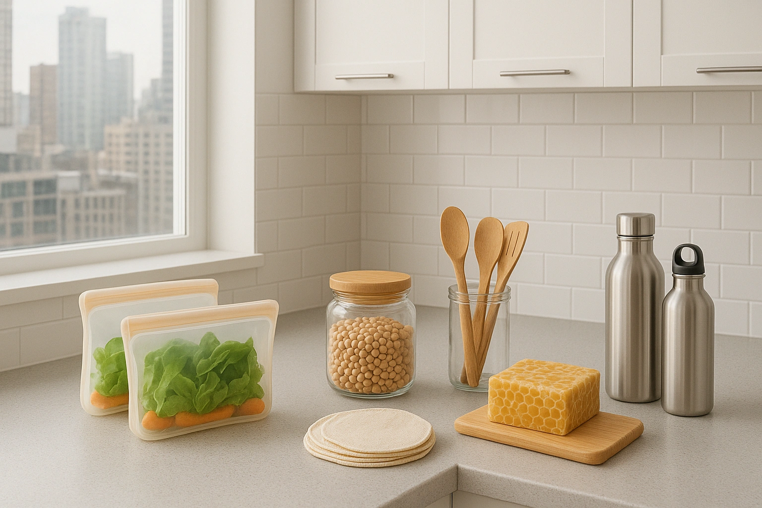 Eco-friendly urban kitchen featuring glass containers, beeswax wraps, reusable silicone bags, bamboo utensils, and stainless steel bottles, highlighting a clean, zero-waste, and sustainable lifestyle.