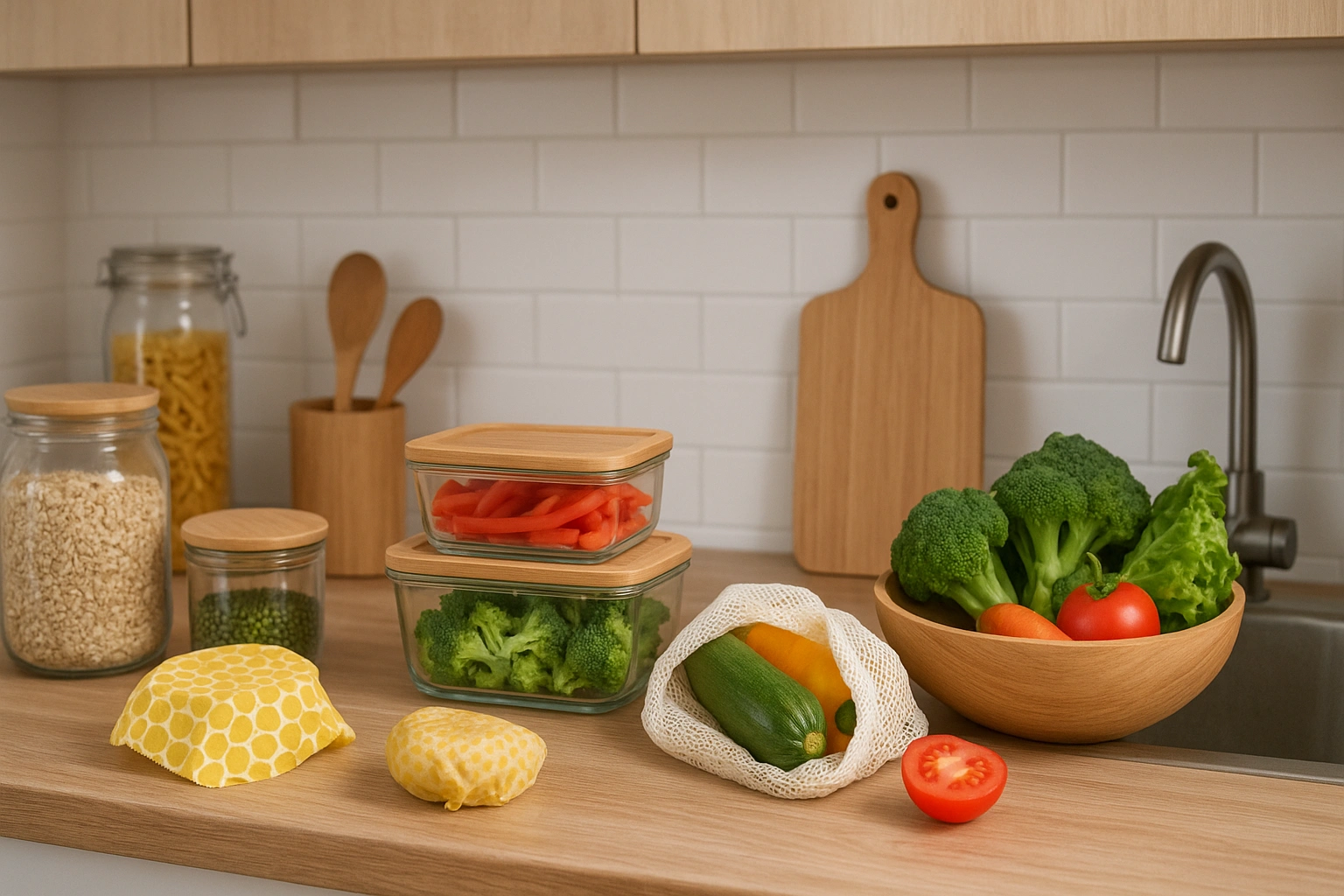 Organized urban kitchen showcasing reusable containers, beeswax wraps, and fresh vegetables, representing practical waste reduction kitchen hacks for sustainable living in a small apartment