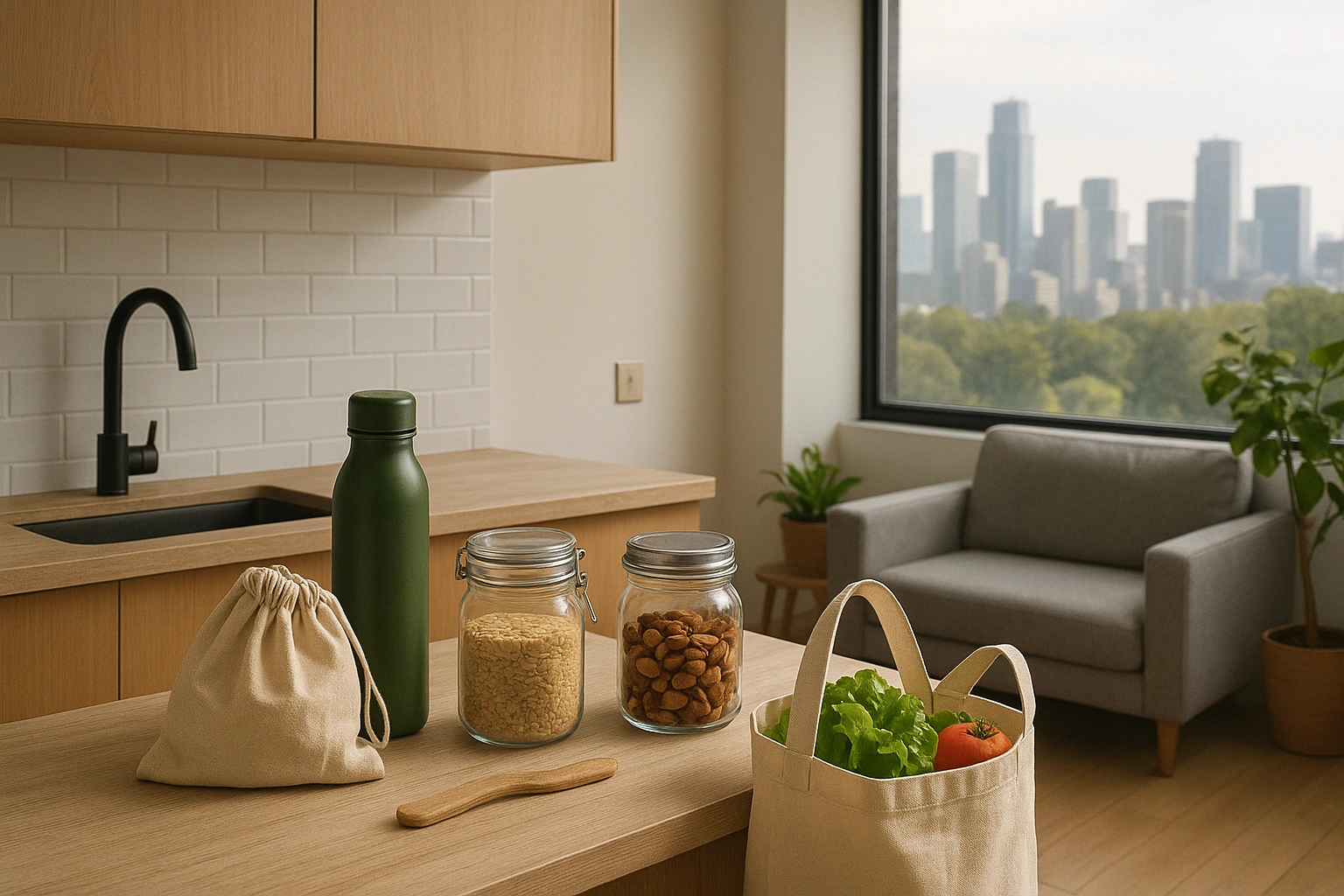 Illustration of a modern urban kitchen and living space highlighting zero waste plastic reduction: reusable bottles, cloth bags, and glass containers, with a cityscape in the background, symbolizing sustainable city living and eco-friendly habits.