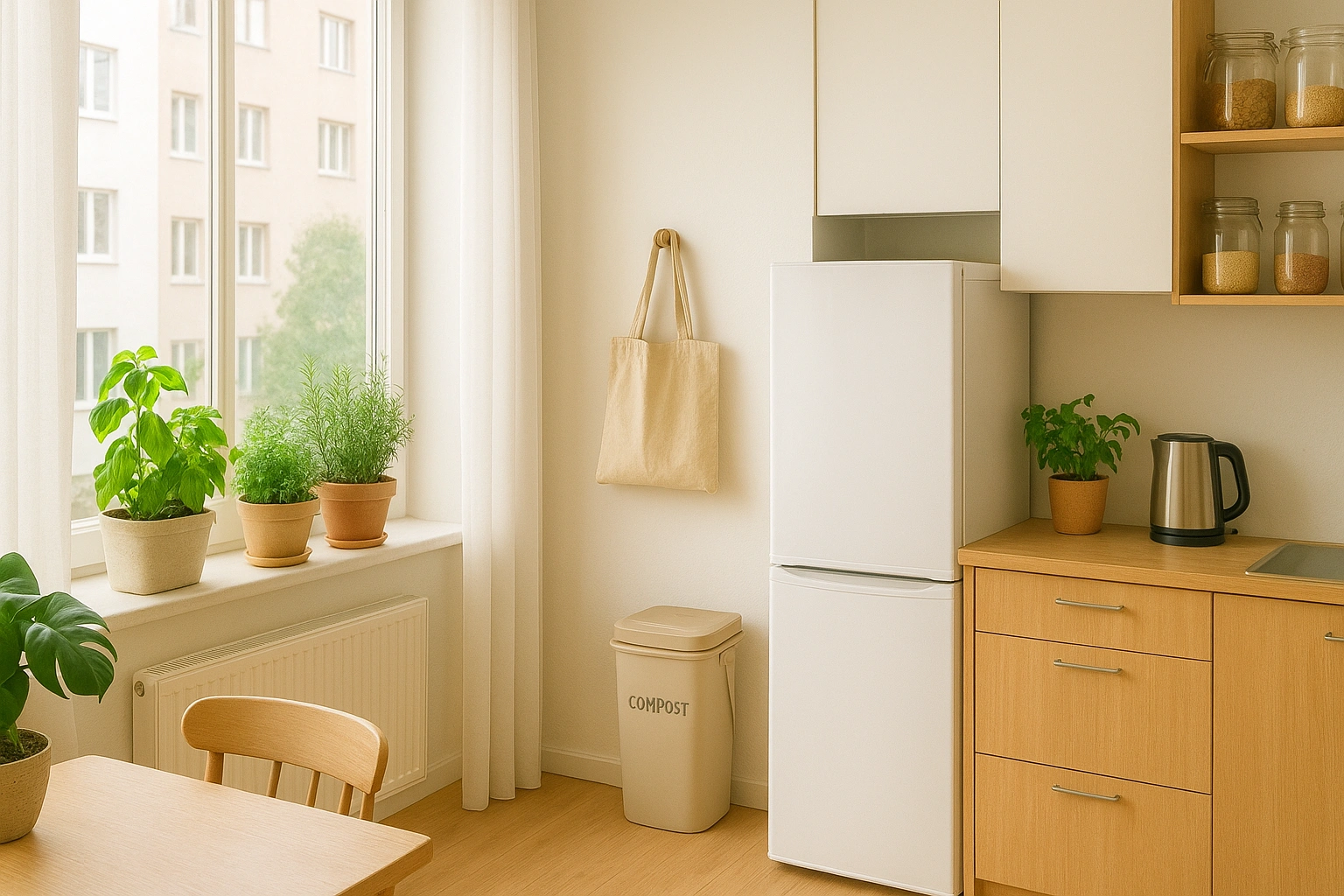 A bright city apartment showcasing urban sustainability hacks with indoor plants, herb garden on the windowsill, reusable containers, compost bin, and energy-efficient appliances, highlighting eco-friendly and practical urban living.