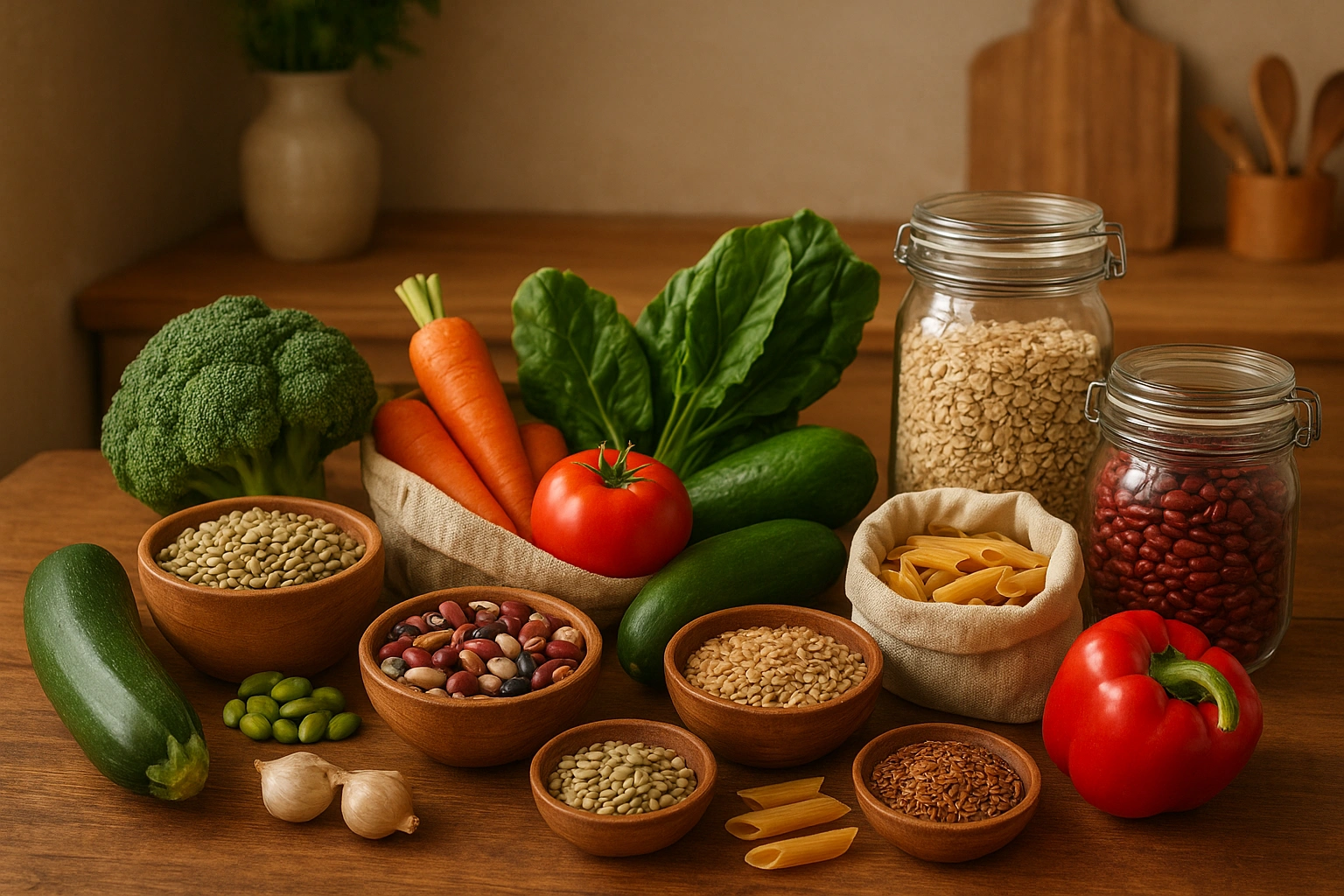 A realistic kitchen scene with fresh vegetables, grains, beans, and seeds arranged on a wooden table, highlighting plant-based sustainable food in reusable containers with a warm eco-friendly atmosphere.