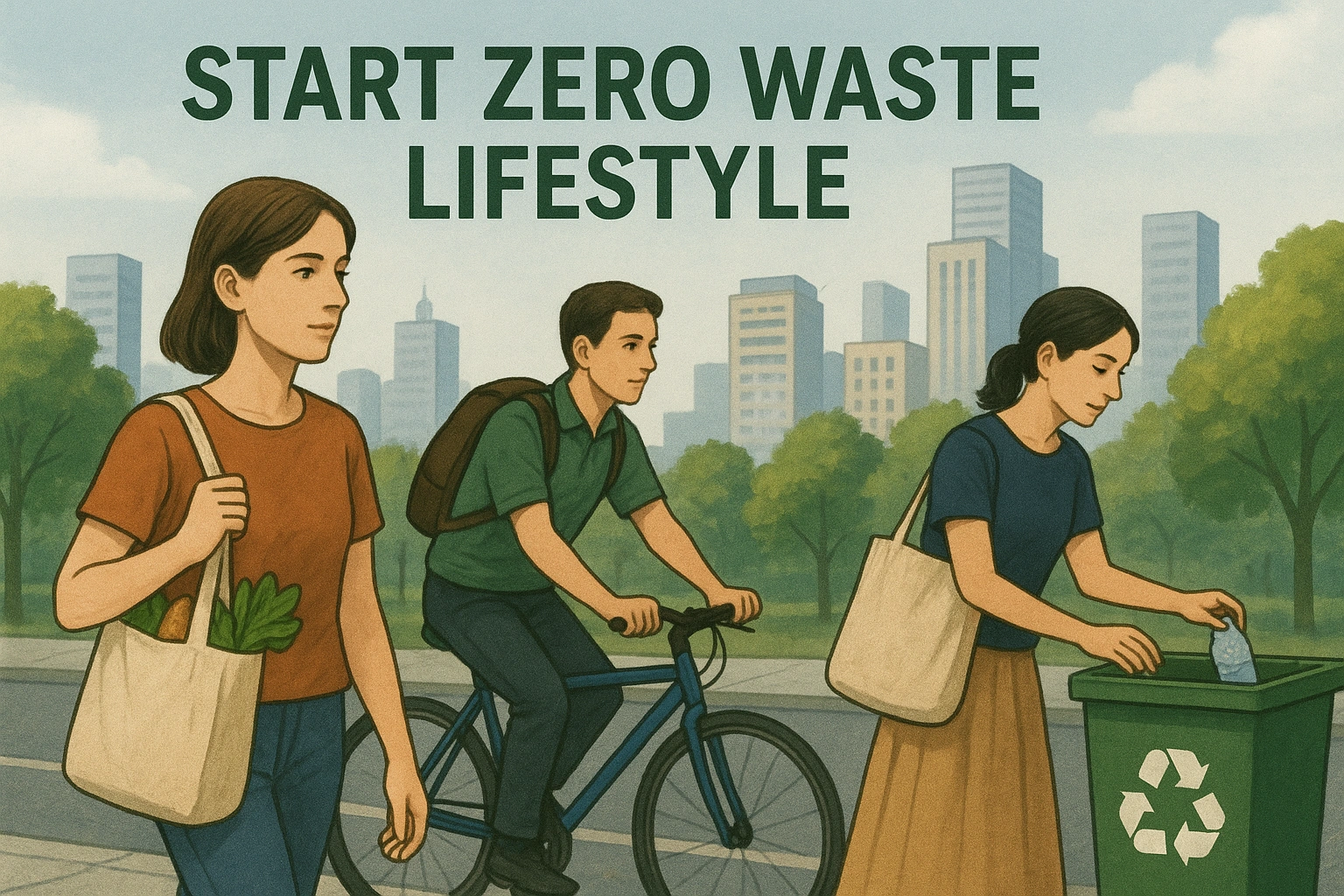 Illustrated thumbnail of people in a modern city practicing Start Zero Waste Lifestyle—carrying reusable bags, cycling, and recycling—highlighting simple eco-friendly habits for beginners in 2025.