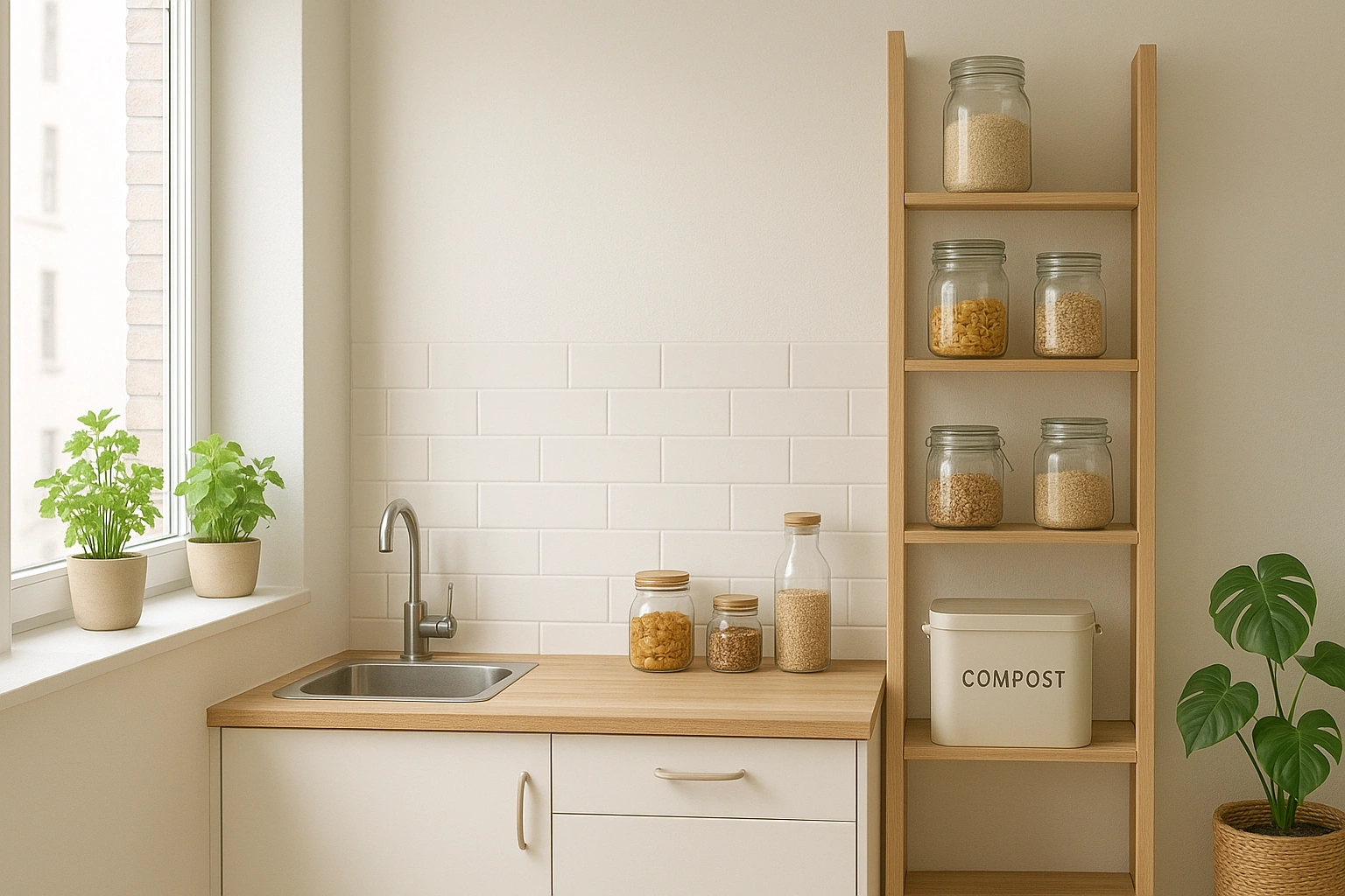 Minimalist apartment kitchen with vertical shelves, glass jars of bulk food, compact compost bin, and small herb garden on windowsill—showcasing zero waste apartment hacks for eco friendly small spaces.
