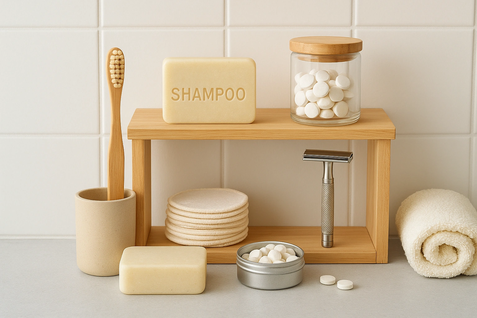 Bright and organized bathroom showcasing eco friendly bathroom products including bamboo toothbrush, shampoo bars, toothpaste tablets, reusable cotton rounds, and a safety razor, illustrating a sustainable, ze