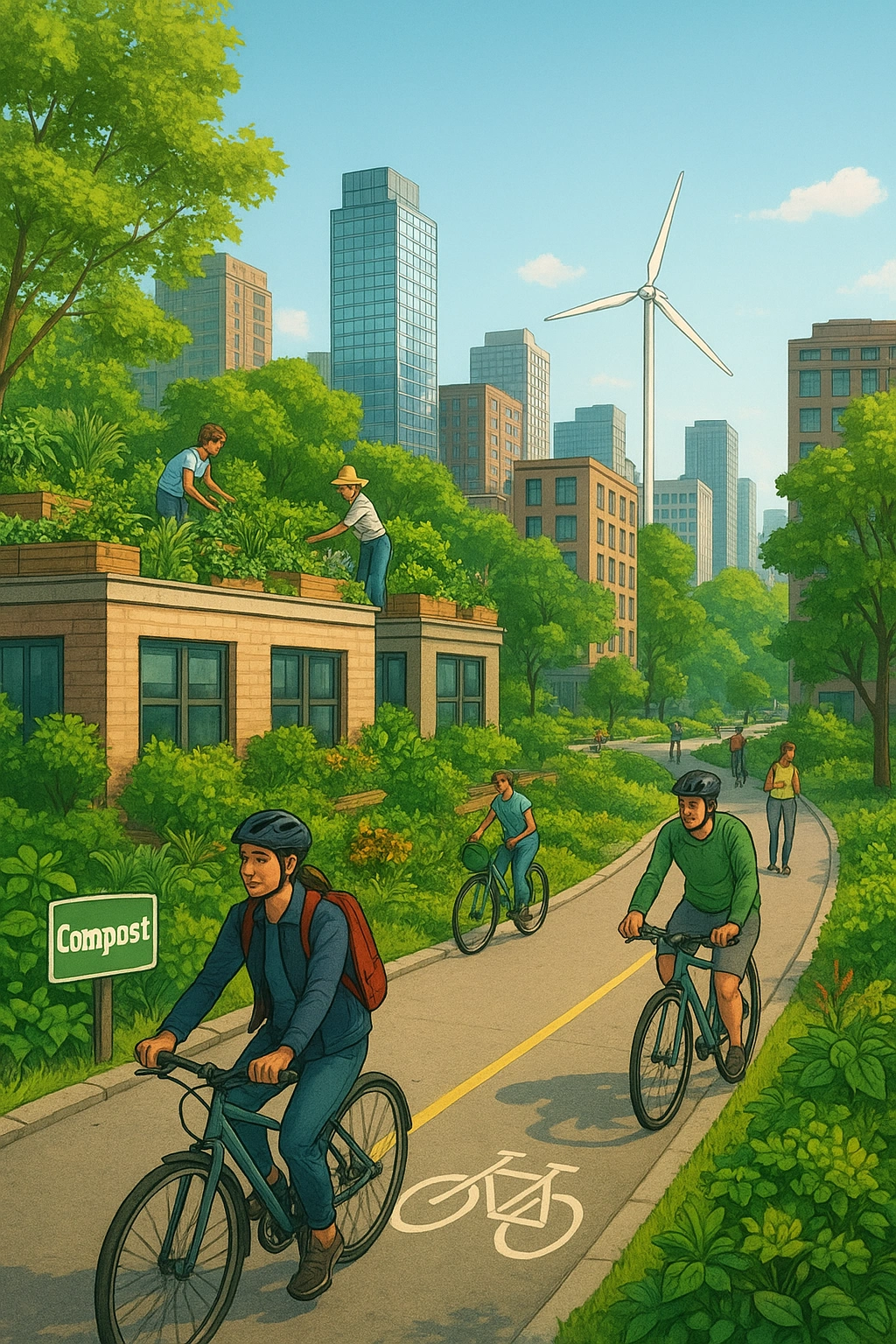 Illustration of a sustainable urban city with rooftop gardens, people biking, and green spaces, highlighting eco-friendly habits and community engagement, representing urban sustainability tips for city living.
