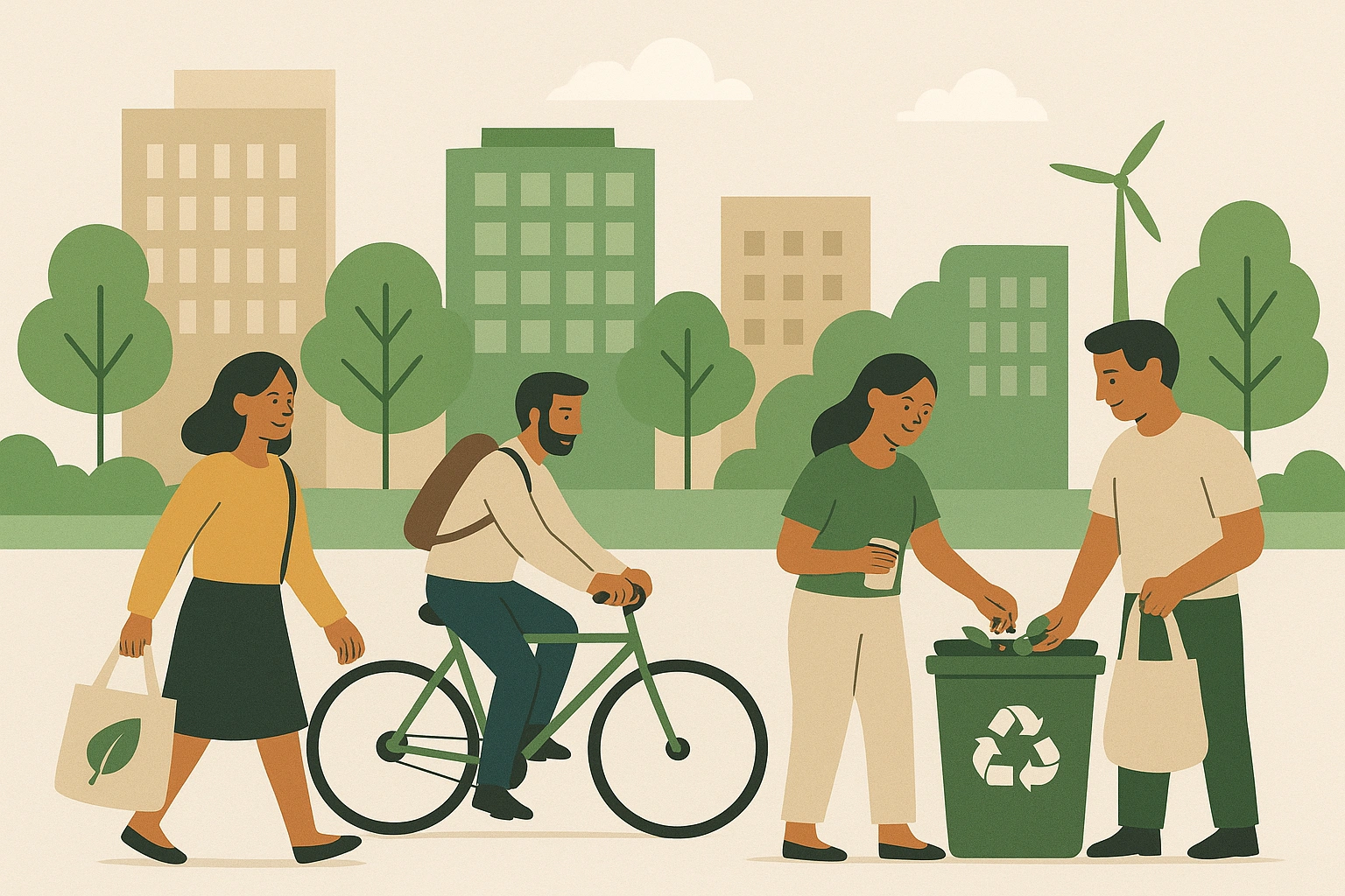 Illustrated thumbnail of a sustainable city where people practice a Zero Waste Lifestyle—residents carrying reusable bags, cycling, and composting—highlighting eco-friendly habits for urban beginners in 2025.